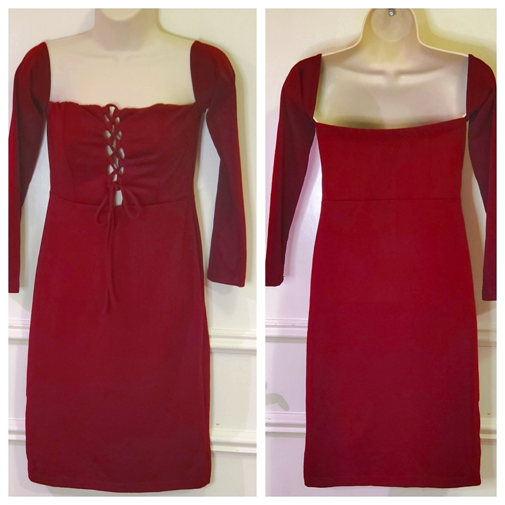 Fashion Nova Ignore Me Now Maroon Lace-up Front Long Sleeve Mini Dress, Medium